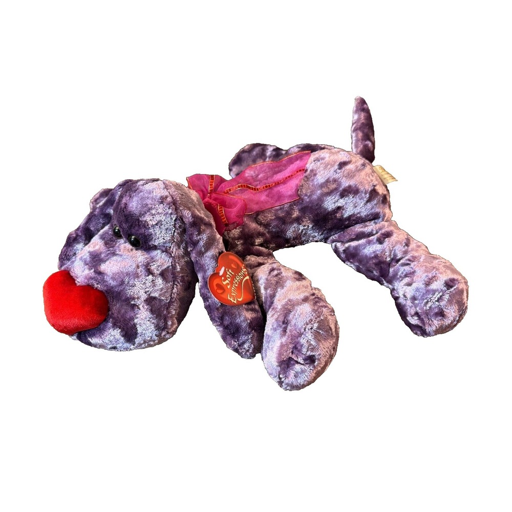 Dan Dee Laying Dog Purple Plush Pillow Floppy Ears Red Heart Red Nose Bow Puppy